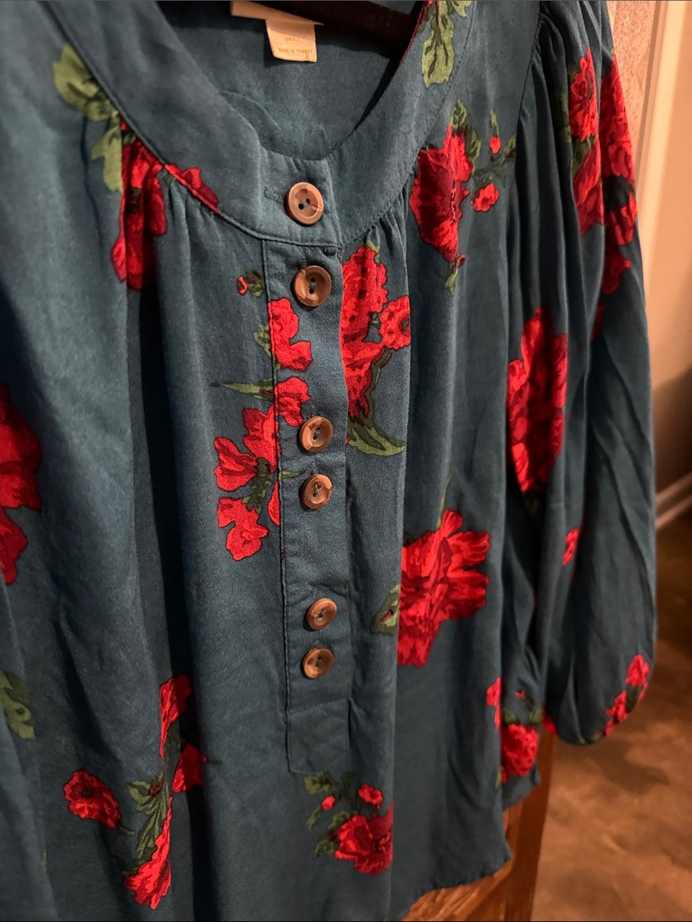 Maeve Teal Floral Button-Front Peasant Blouse - Picture 5 of 5